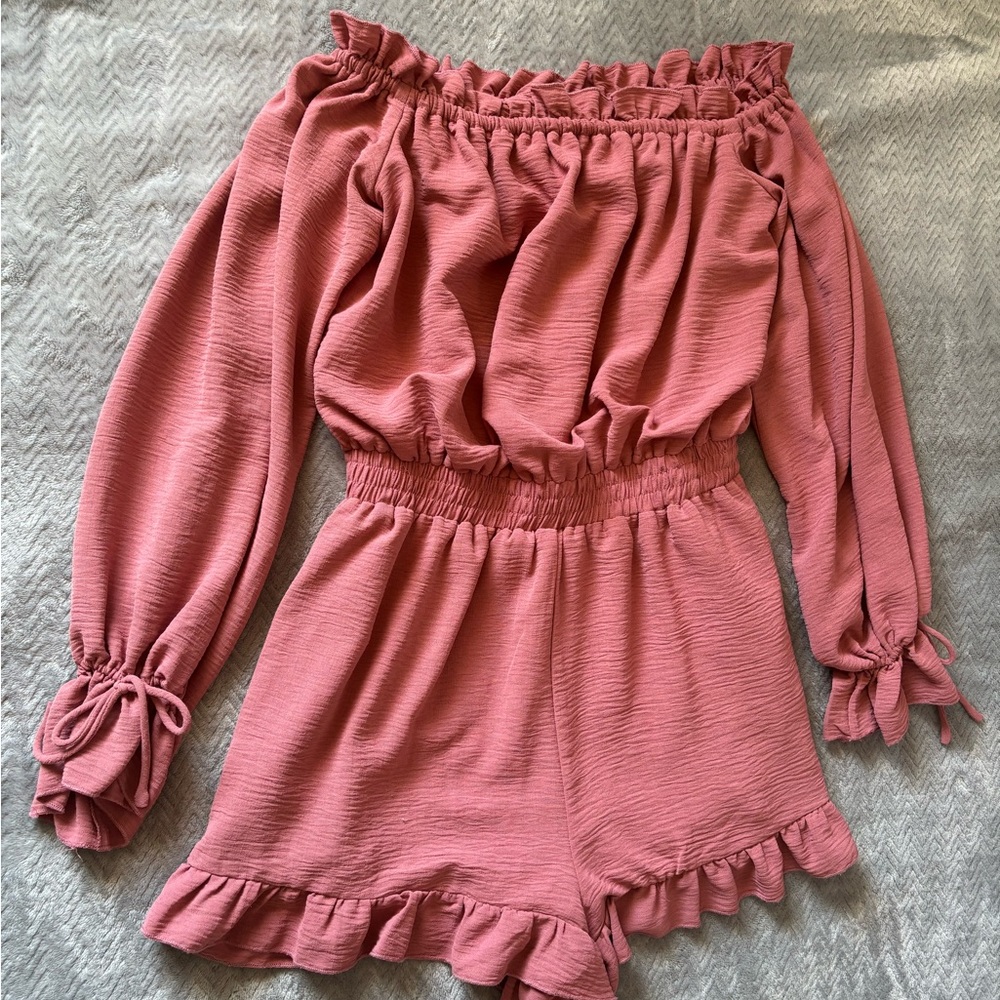 Free the Roses Dusty Rose Off-Shoulder Ruffle Romper - Picture 2 of 4